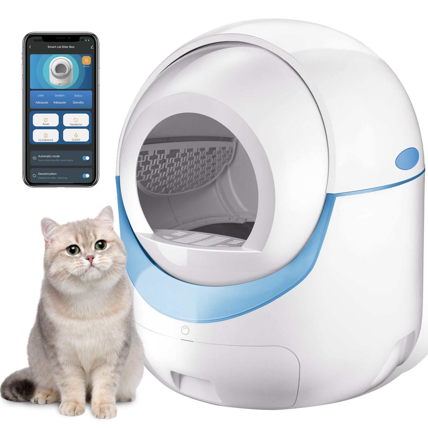 white and blue automatic self cleaning cat litter box with digital control panel and spacious design
