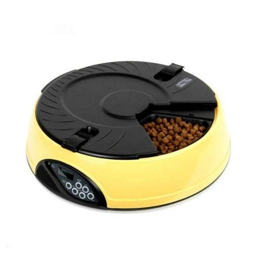 High quality pet automatic feeding machine with 6 food trays, built-in display, microphone, and speaker for scheduled dog feeding.