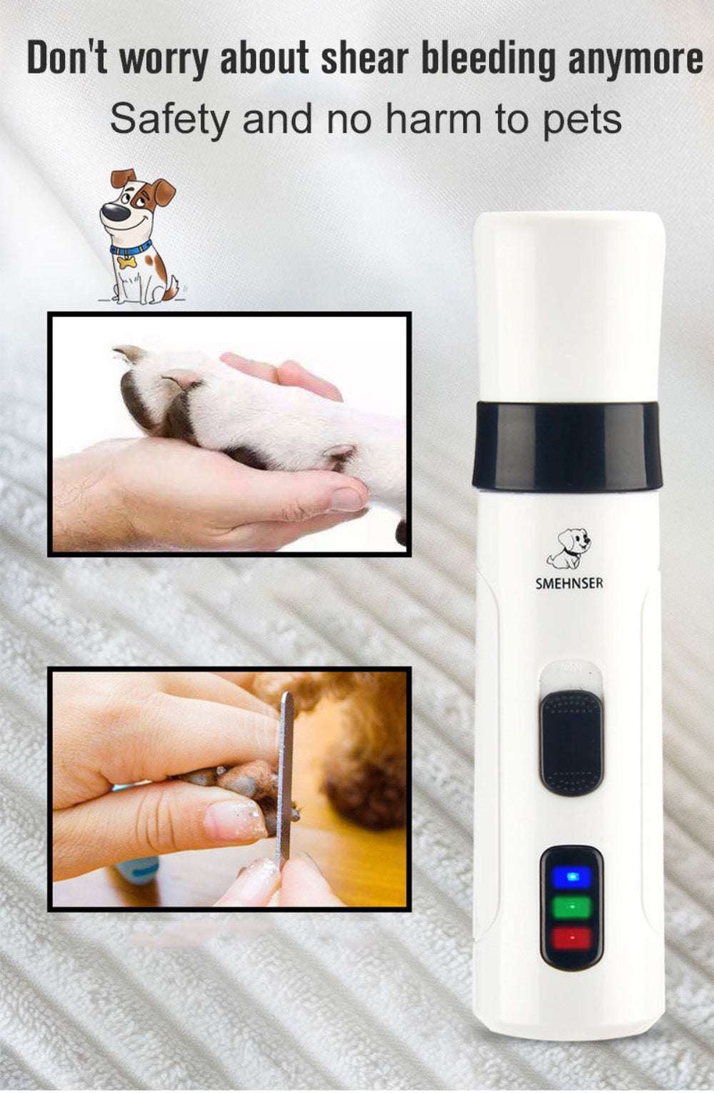 Cordless pet nail trimmer with rechargeable battery, two-speed quiet motor, and extra grinding drums for all pet sizes