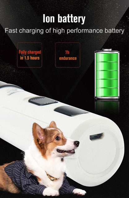 Cordless pet nail trimmer with rechargeable battery, two speeds, quiet motor, and extra grinding drums for all pet sizes.