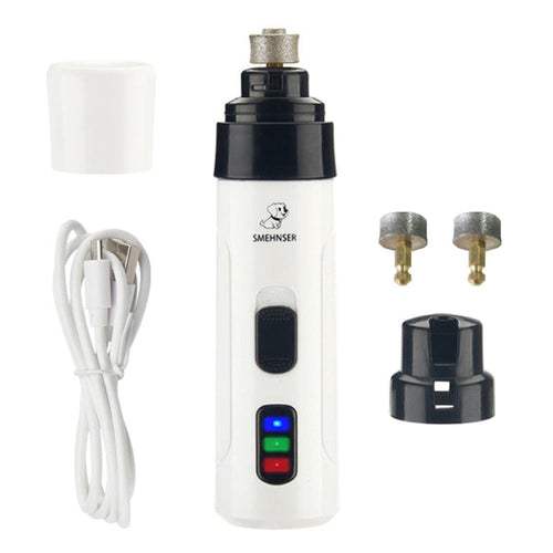 Cordless pet nail trimmer with rechargeable battery, two speeds, quiet motor, and extra grinding drums for all pet sizes