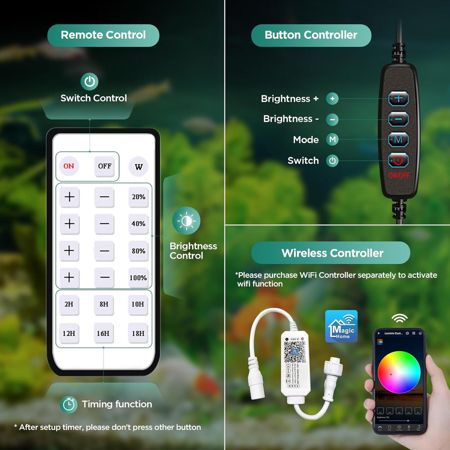 LED Aquarium Light, Planted Tank Light 4 Channels Remote Control 6500K Aquarium LED Light for Freshwater Fish Tank Refugium with Gooseneck (F20 18W Freshwater)