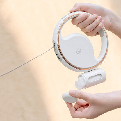White automatic lighting retractable dog leash with LED night light and garbage bag holder