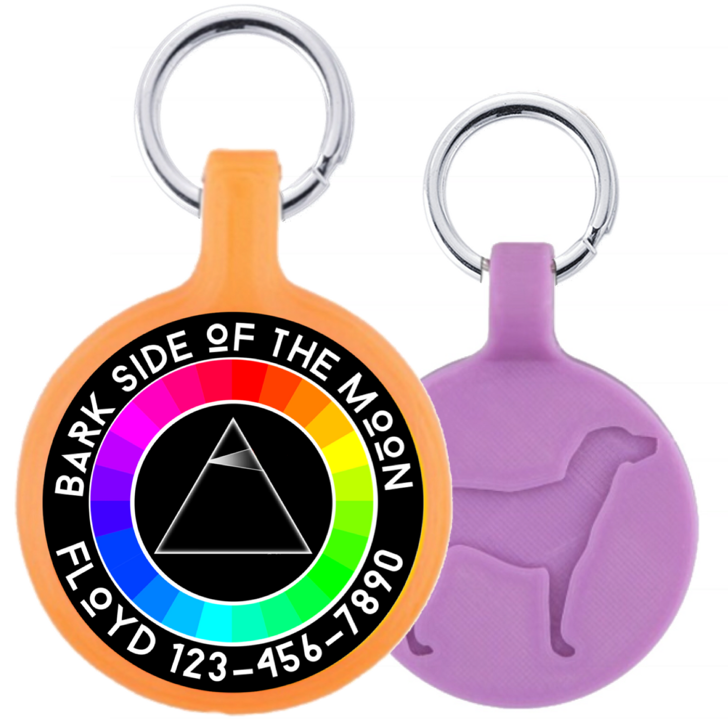 Pink Floyd Bark Side of the Moon ecoplastic pet ID tag on sofa