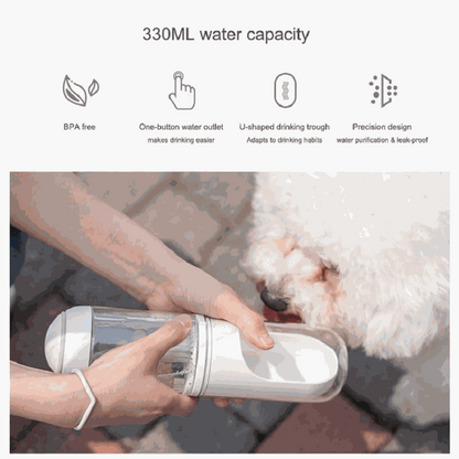 Portable outdoor travel pet water dispenser with 330ml capacity for dogs and cats