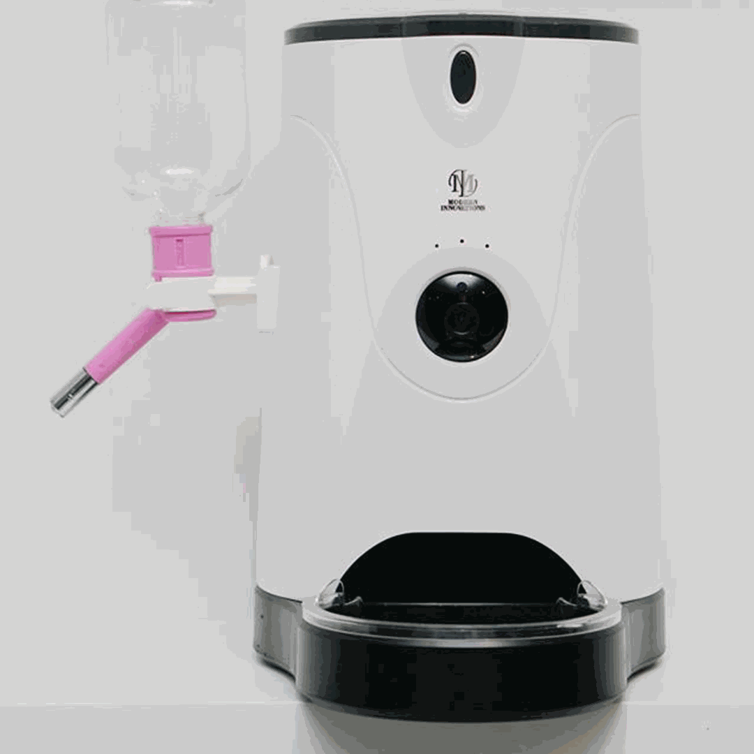 WiFi pet feeder with camera, microphone, and water attachment for remote feeding and monitoring